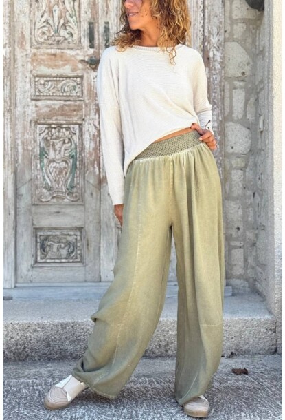 Haki Cepli Yıkamalı Yumuşak Dokulu Brode Lastikli Bel Bol Paça Pamuklu Salaş Pantolon 100 30