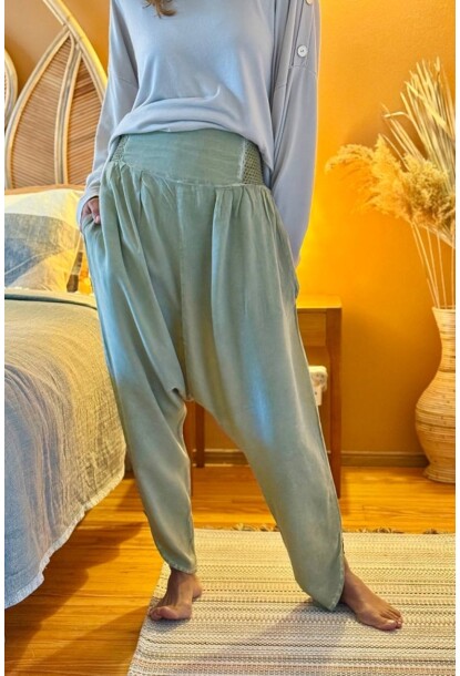 Haki Cepli Yıkamalı Yumuşak Dokulu Brode Lastikli Bel Şalvar Pamuklu Salaş Pantolon 100 35