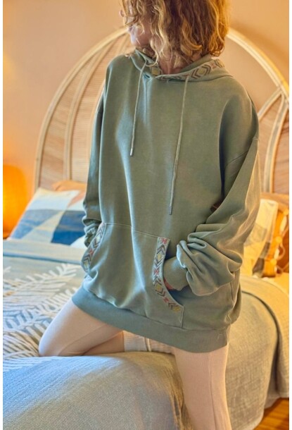 Haki Kapüşonlu Kanguru Cepli Etnik Diliş Detaylı İki İplik Salaş Sweatshirt 80 55