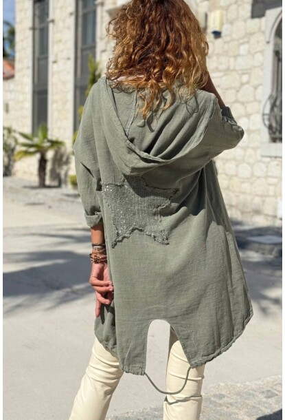 Haki Kapüşonlu Yıkamalı Etek Ucu Bağlamalı Yıldız Aplikeli Pamuk Salaş Ceket 90 65