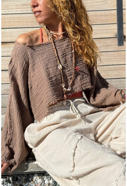 Haki Kayık Yaka Yıkamalı Ve Pis Dikişli Bürümcük Crop Dokuma Bluz 30 50