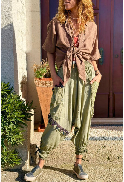 Haki Yıkamalı Paçası Bağlamalı Püsküllü Salaş Şalvar Pantolon GK-RSD2032 85 79