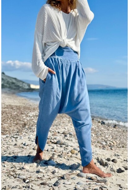 İndigo Cepli Yıkamalı Yumuşak Dokulu Brode Lastikli Bel Şalvar Pamuklu Salaş Pantolon 100 35