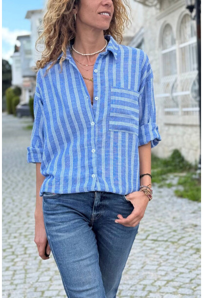 İndigo Çizgili Cepli Pamuklu Salaş Dokuma Gömlek 70 50