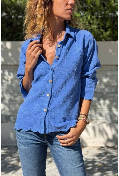 İndigo Yıkamalı Etek Ucu Şekilli Nakışlı Pamuklu Gömlek 60 50