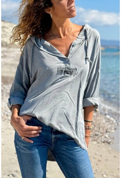 İtalyan Antrasit Kapüşonlu Yıkamalı Modal Salaş Bluz 80 55