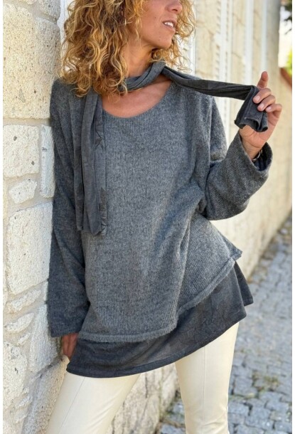 İtalyan Antrasit Kayık Yaka Çift Katlı Atkılı Yün Karışımlı Salaş Kazak 75 55