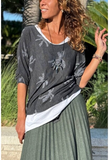 İtalyan Antrasit Kayık Yaka Yaprak Desenli İçli Dışlı Yumuşak Dokulu Salaş Kazak 70 60