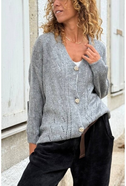 İtalyan Antrasit V Yaka Düğmeli Yıkamalı Ajurlu Yumuşak Dokulu Yün Salaş Hırka 70 50