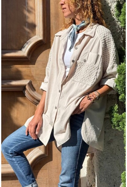 İtalyan Bej Cepli Brodeli Kadife Salaş Gömlek 85 70