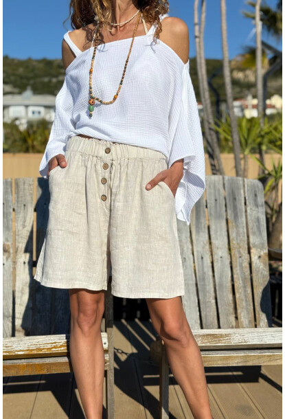 İtalyan Bej Cepli Fermuarlı Lastikli Bel Bol Paça Keten Salaş Dokuma Şort 45 35
