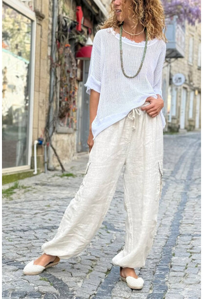 İtalyan Bej Cepli Yanları Cepli Lastikli Paça Keten Salaş Dokuma Pantolon 100 35