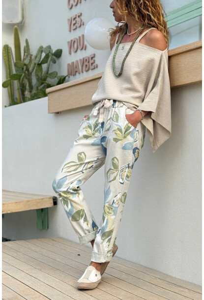 İtalyan Bej Çiçekli Lastikli Bel Duble Paça Pamuklu Dokuma Pantolon 100 35