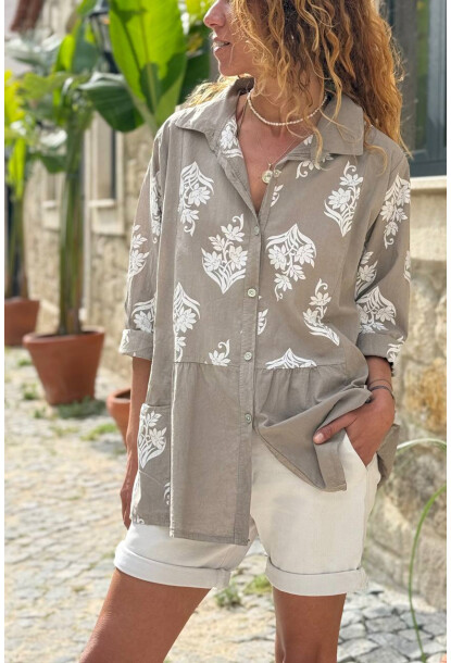 İtalyan Bej Etnik Desenli Cepli Eteği Pliseli Pamuklu Salaş Dokuma Gömlek 70 55