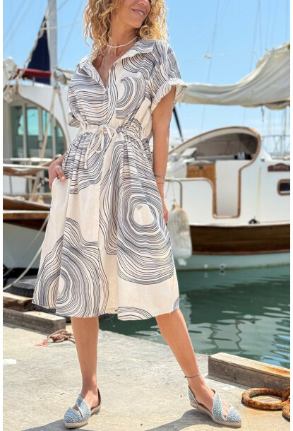 İtalyan Bej Gömlek Yaka Geometrik Desenli Cepli Lastikli Bel Keten Salaş Dokuma Elbise 110 60