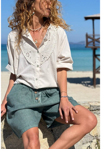 İtalyan Bej Hakim Yaka Brodeli Pamuklu Salaş Dokuma Gömlek 70 55