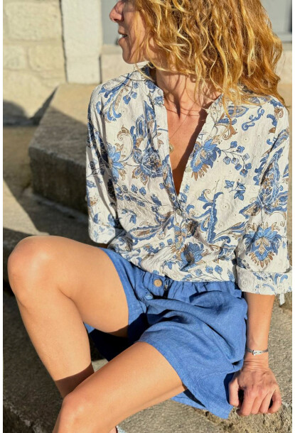 İtalyan Bej Hakim Yaka Çiçekli Pamuklu Salaş Dokuma Gömlek 75 55