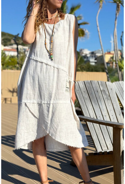 İtalyan Bej Yıkamalı Pis Dikişli Asimetrik Pamuklu Salaş Dokuma Elbise 100 60