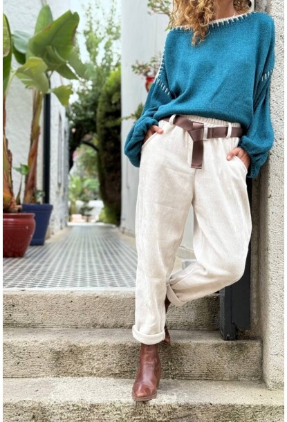 İtalyan Bej Yıkamalı Yumuşak Dokulu Kuşaklı Kadife Salaş Pantolon 90 35