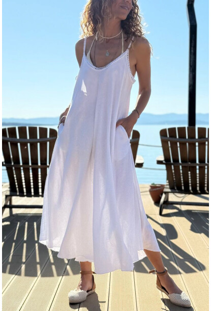 İtalyan Beyaz Askılı Cepli Keten A-Form Fit Salaş Dokuma Elbise 45 35