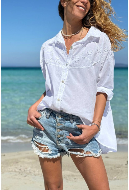 İtalyan Beyaz Brodeli Pamuklu Salaş Dokuma Gömlek 70 60