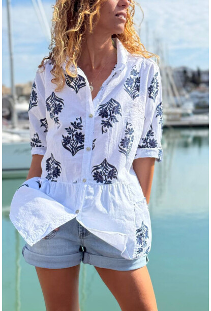 İtalyan Beyaz Etnik Desenli Cepli Eteği Pliseli Pamuklu Salaş Dokuma Gömlek 70 55