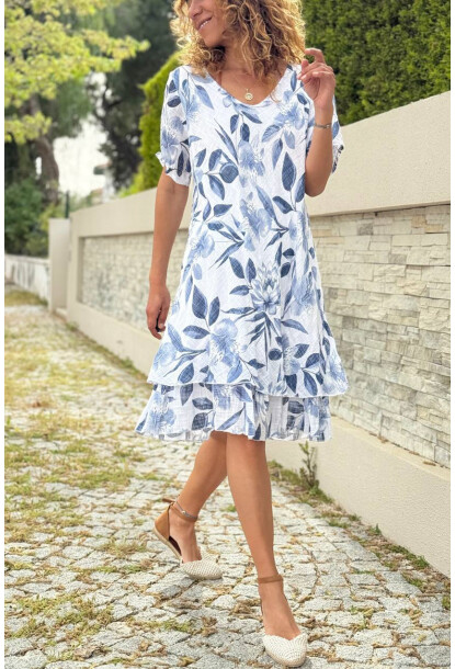 İtalyan Beyaz Kayık Yaka Etnik Desenli Yıkamalı Eteği Çift Kat Pamuklu Dokuma Elbise 100 45