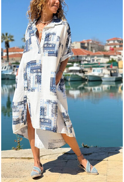 İtalyan Beyaz-Lacivert Etnik Desenli Cepli Yırtmaçlı Pamuklu Salaş Dokuma Elbise 120 65