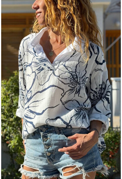 İtalyan Beyaz-Lacivert Gömlek Yaka Çiçekli Müslin Salaş Dokuma Bluz 70 60