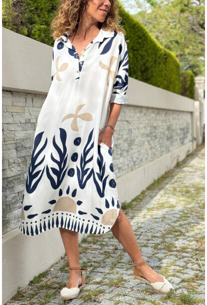 İtalyan Beyaz-Lacivert Gömlek Yaka Etnik Desenli Cepli Salaş Dokuma Elbise 110 65
