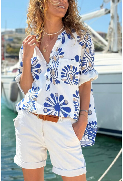 İtalyan Beyaz-Mavi Hakim Yaka Etnik Desenli Pamuklu Salaş Dokuma Bluz 70 60