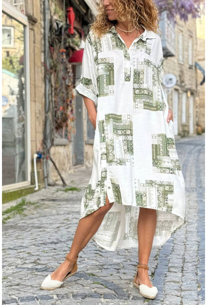 İtalyan Beyaz-Yeşil Etnik Desenli Cepli Yırtmaçlı Pamuklu Salaş Dokuma Elbise 120 65