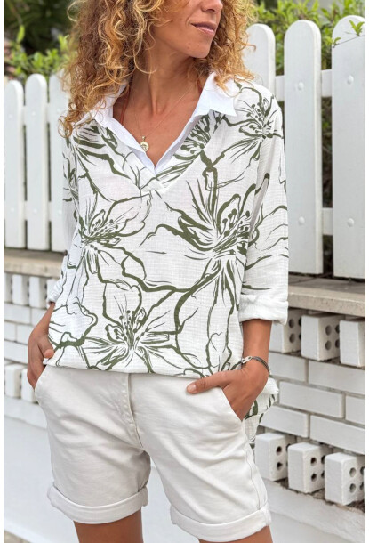 İtalyan Beyaz-Yeşil Gömlek Yaka Çiçekli Müslin Salaş Dokuma Bluz 70 60