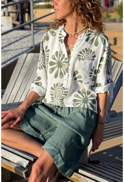 İtalyan Beyaz-Yeşil Hakim Yaka Etnik Desenli Pamuklu Salaş Dokuma Bluz 70 60