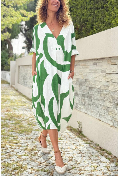 İtalyan Beyaz-Yeşil V Yaka Geometrik Desenli Cepli Müslin Salaş Dokuma Elbise 110 65