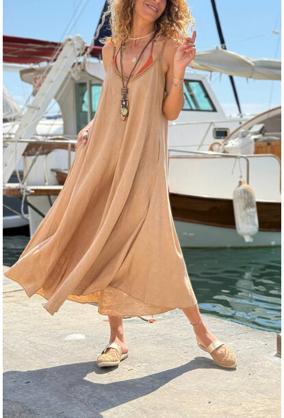İtalyan Bronz Rengi Askılı Cepli Keten A-Form Fit Salaş Dokuma Elbise 100 65