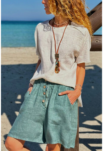 İtalyan Ekru Bisiklet Yaka Yıkamalı Örme Garnili Keten Karışımlı Salaş Dokuma Bluz 65 50