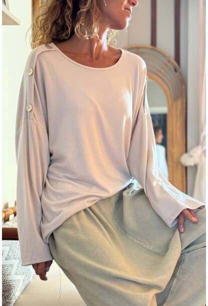 İtalyan Ekru Kayık Yaka Yumuşak Dokulu Omzu Düğmeli Yün Karışımlı Salaş Kazak 70 60