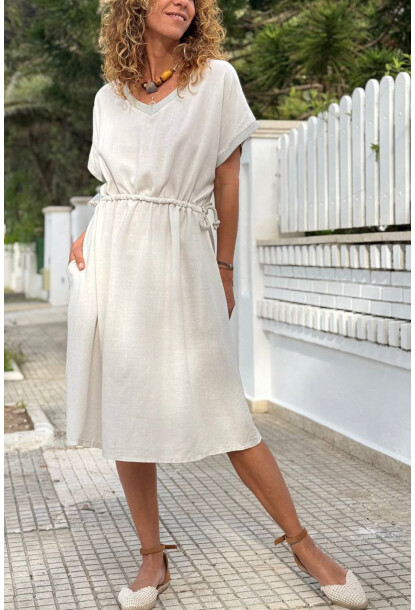 İtalyan Ekru V Yaka Cepli Sim Garnili Lastikli Bel Salaş Dokuma Elbise 100 50