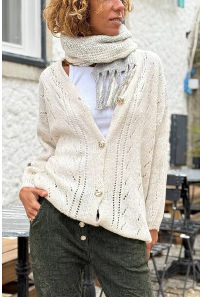 İtalyan Ekru V Yaka Düğmeli Yıkamalı Ajurlu Yumuşak Dokulu Yün Salaş Hırka 70 50