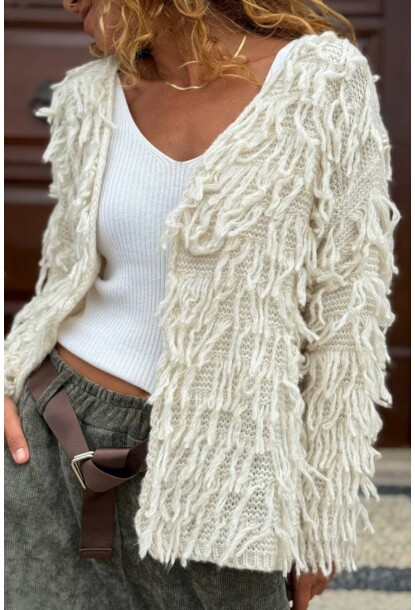 İtalyan Ekru Yıkamalı Püsküllü Yumuşak Dokulu Yün Salaş Hırka 65 50