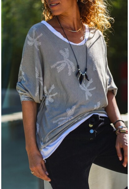 İtalyan Gri Kayık Yaka Yaprak Desenli İçli Dışlı Yumuşak Dokulu Salaş Kazak 70 50