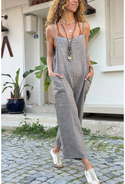 İtalyan Gri Omuzdan Bağlamalı Askılı Cepli Bol Paça Keten Salaş Dokuma Tulum 110 50