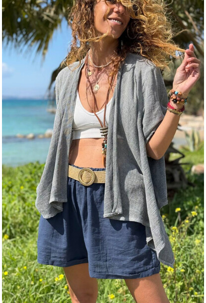 İtalyan Gri Şal Yaka Duble Kol Dokulu Asimetrik Salaş Dokuma Hırka 70 50