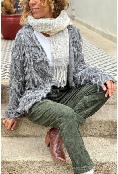 İtalyan Gri Yıkamalı Püsküllü Yumuşak Dokulu Yün Salaş Hırka 65 50