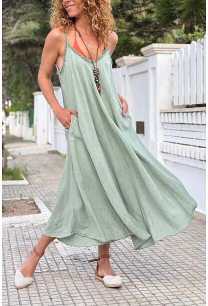 İtalyan Haki Askılı Cepli Keten A-Form Fit Salaş Dokuma Elbise 95 35