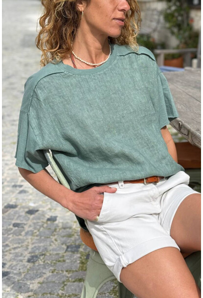 İtalyan Haki Bisiklet Yaka Yıkamalı Örme Garnili Keten Karışımlı Salaş Dokuma Bluz 65 50