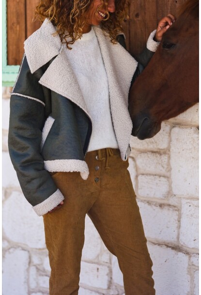 İtalyan Haki Ceket Yaka Fermuarlı Cepli Kürklü Süet Salaş Mont 60 50