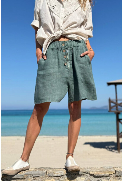 İtalyan Haki Cepli Fermuarlı Lastikli Bel Keten Salaş Dokuma Şort 45 35