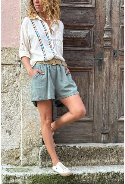 İtalyan Haki Cepli Kemerli Keten Duble Paça Dokuma Şort 38 58